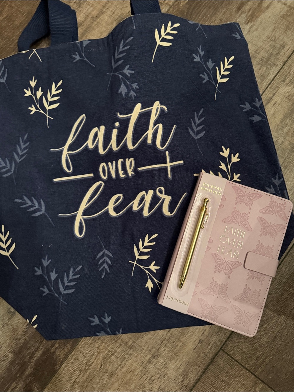 Faith Over Fear Pink Journal with Gold Pen and Navy Tote Set nwt 2 pc